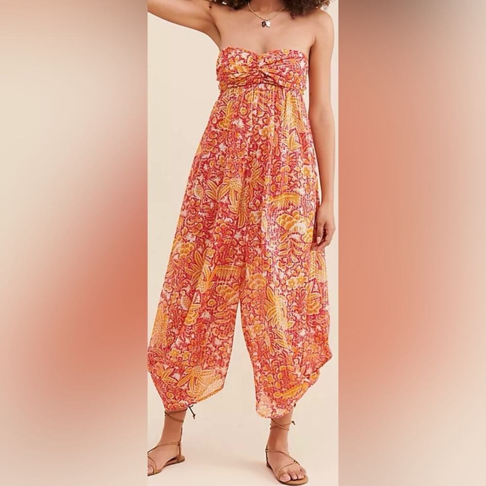 Anthropologie Strapless Floral Jumpsuit in Coral, Yellow